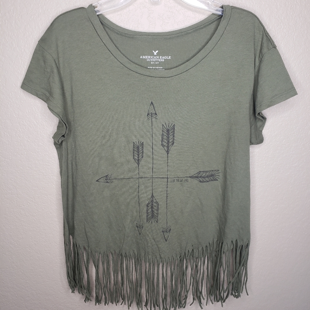 AE Soft&Sexy M green fringe tee shirt